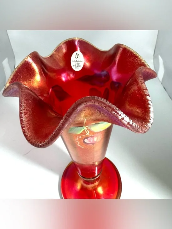 Fenton 109th Anniversary Iridescent Ruffled Hand-Painted Carnival Glass Vase - Picture 3 of 9